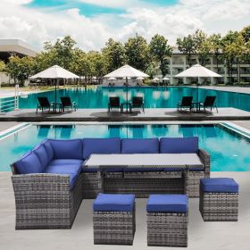 Outdoor Patio Furniture Set,7 Pieces Outdoor Sectional Conversation Sofa with Dining Table,Chairs and Ottomans,All Weather PE Rattan and Steel Frame,W (Color: Grey+Blue)