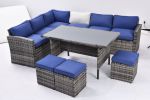 Outdoor Patio Furniture Set,7 Pieces Outdoor Sectional Conversation Sofa with Dining Table,Chairs and Ottomans,All Weather PE Rattan and Steel Frame,W